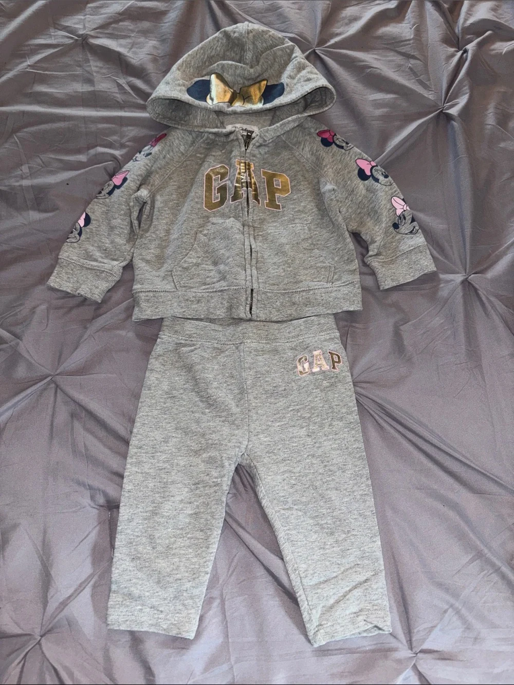 GAP / Disney collab Gray Minnie Mouse Hoodie & Joggers Set with Pink Accents